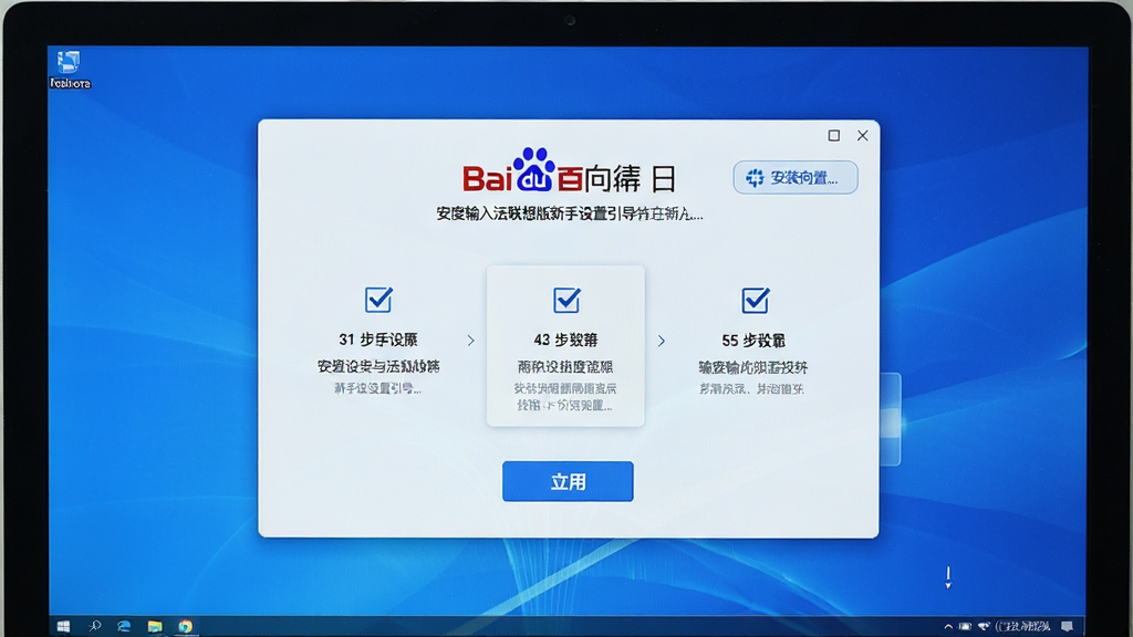 百度输入法联想版新手设置引导界面,画面主体为电脑屏幕显示安装完成后的设置向导,布局为步骤式排版,风格为清晰教程风,细节包括勾选框、按钮、文字提示,画质高清,干净,无多余元素