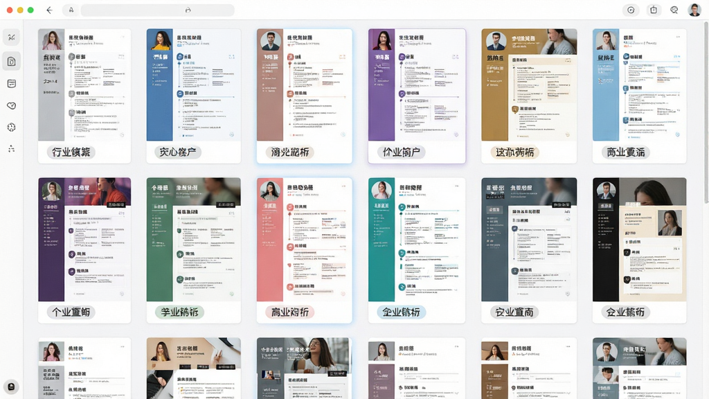 一张展示个性简历模板模板库界面的图片,画面主体是软件内整齐排列的简历模板缩略图墙,布局采用网格瀑布流排列,排版中每个模板卡片下方带有行业标签,风格清新明亮,细节包含多种配色方案和版式结构,画质高清干净无多余元素