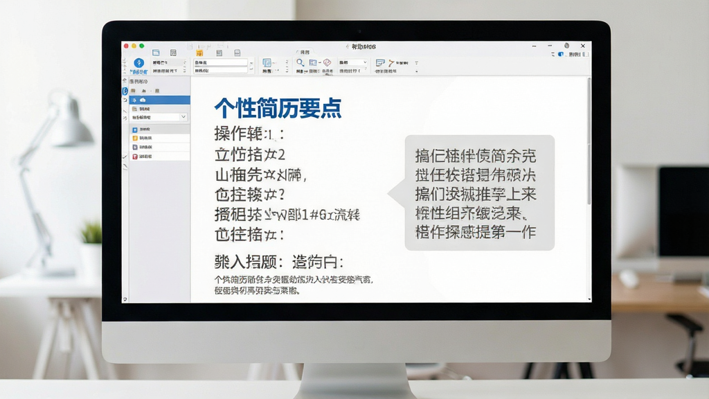 一张展示个性简历模板新手操作要点的图片,画面主体是电脑屏幕上显示软件帮助文档和操作提示,布局为居中排版,排版中文字清晰分条列出,风格简洁实用,细节包含蓝色标题和灰色正文文字,画质高清干净无多余元素