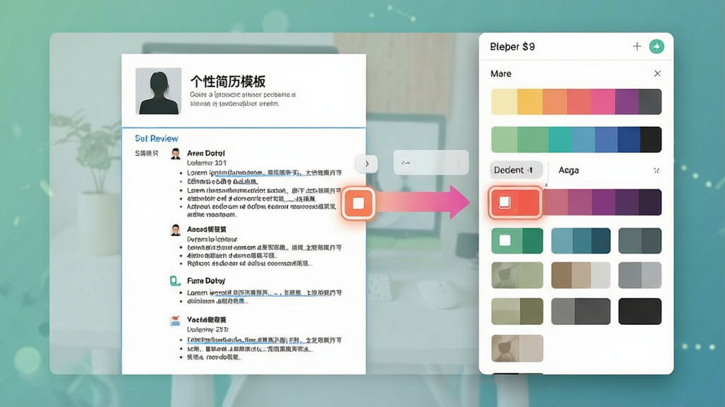 一张展示个性简历模板配色方案切换功能的图片,画面主体是软件右侧的配色面板和左侧简历预览的联动效果,布局为左右分栏,排版中展示多种色块选项,风格现代清新,细节包含渐变色彩条和选中高亮效果,画质高清干净无多余元素