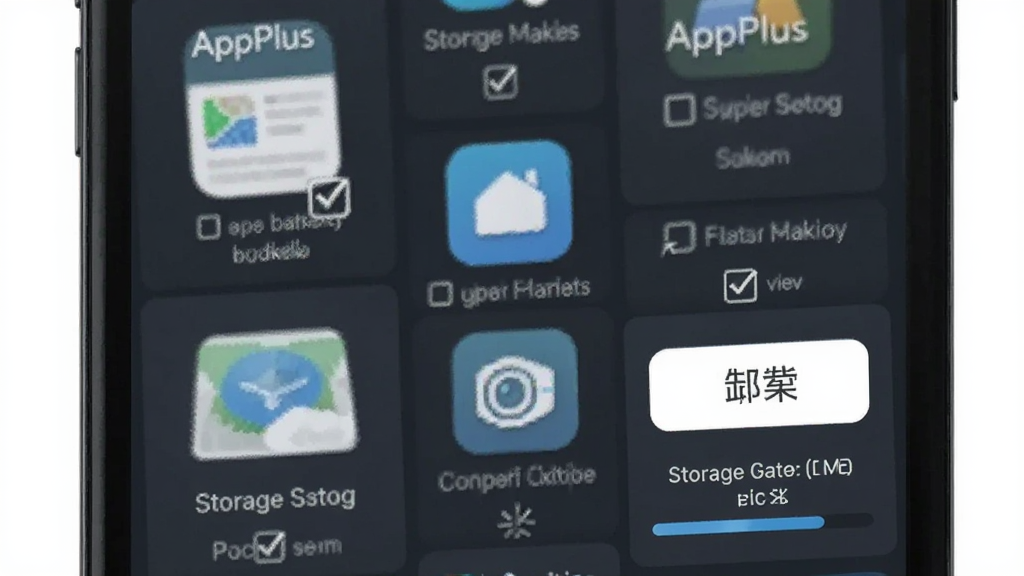 一张展示AppPlus批量管理功能的图片,主体为手机屏幕显示多个应用图标被勾选,布局为应用图标网格排列,排版整齐,风格为扁平化设计,细节包括勾选框、卸载按钮和存储容量进度条,画质高清,干净简洁,无多余元素,图片中文字为
