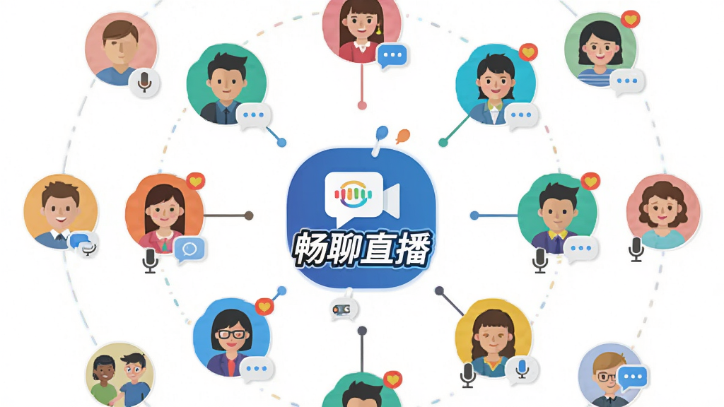 画面主体为多个圆形用户头像围绕中央聊天室图标排列,头像下方带有麦克风与聊天气泡标识;布局采用环形放射状构图,中央放置