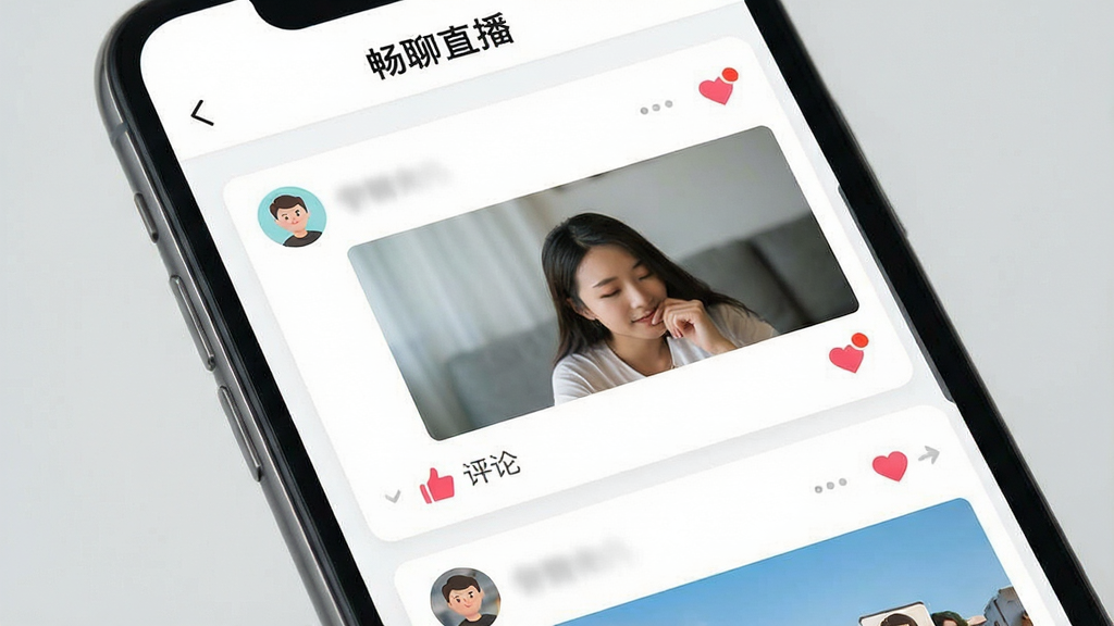 画面主体为手机屏幕展示动态社区信息流界面,包含用户发布的图文卡片、点赞按钮与评论区域;布局采用上下滚动式排版,顶部显示