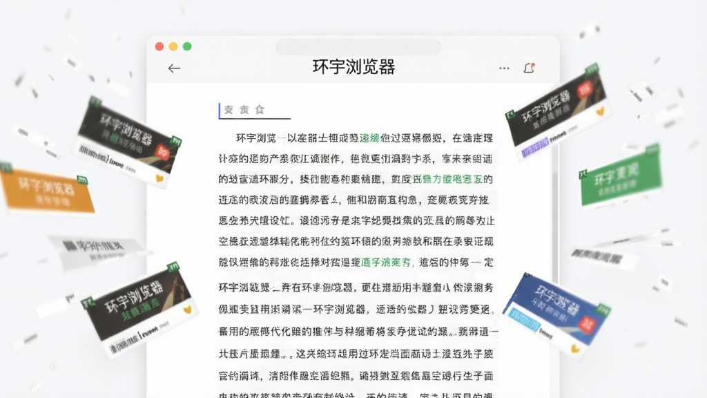 画面展示“环宇浏览器”的阅读模式,主体为一篇排版整洁的文章页面,周围有被过滤掉的广告碎片飘散,布局文章居中,风格清新简约,细节上文字清晰可读,画质柔和干净,无多余元素