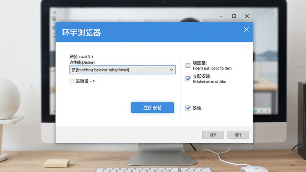 画面展示“环宇浏览器”在电脑桌面上的安装向导界面,界面中有路径选择框和“立即安装”按钮,旁边有提示勾选框,布局居中,风格简洁清晰,细节上按钮高亮,画质干净,无多余元素