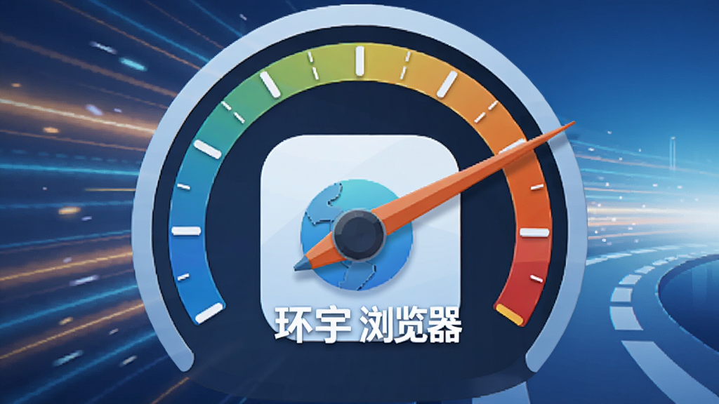 画面主体为“环宇浏览器”的图标与速度仪表盘结合,仪表盘指针指向高速区域,背景有飞驰的光线轨迹,布局居中,风格扁平化科技风,细节上图标圆润清晰,画质明亮干净,无多余元素