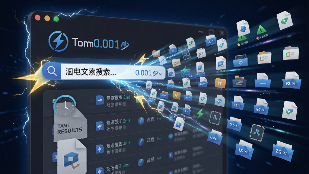 一张展示Tomm闪电文件搜索软件极速搜索功能的示意图,主体是软件搜索框输入关键词后瞬间弹出大量结果,布局为搜索结果列表占据画面主体,排版整齐,风格为速度感与科技感结合,细节包含闪电特效、时间显示0.001秒、文件图标,画质清晰,干净,无多余元素。
