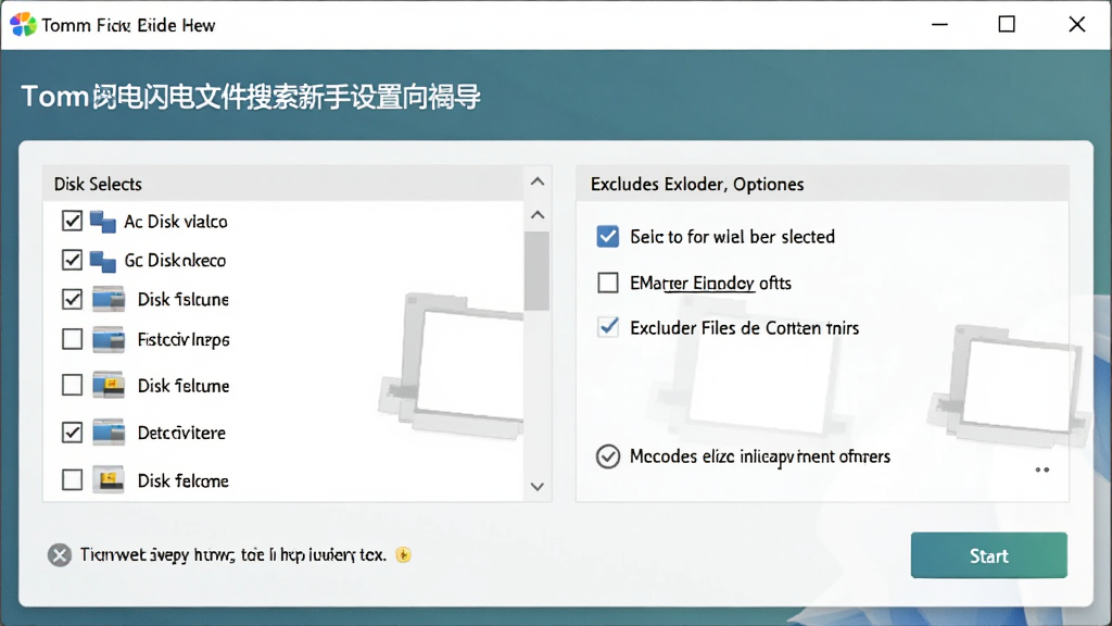 一张展示Tomm闪电文件搜索新手设置向导的界面图,主体是软件首次启动时的索引设置窗口,布局为磁盘选择列表和排除文件夹选项,排版清晰,风格为友好引导式,细节包含勾选框、提示文字、开始按钮,画质清晰,干净,无多余元素。