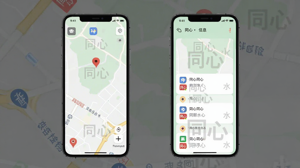 同心应用本地信息页面的手机界面图,屏幕中显示地图定位标记与信息卡片列表,卡片上有“同心”水印,背景为浅绿色调,风格简约现代,画质清晰,元素排列整齐,无多余线条