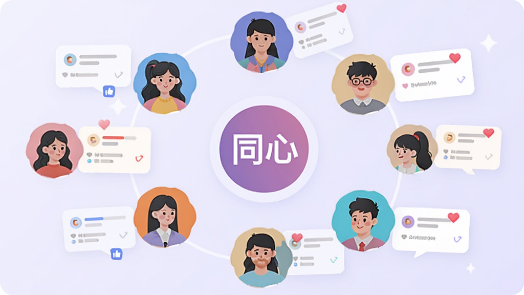 同心应用圈子动态页面的概念图,画面中多个圆形头像围绕一个中心“同心”图标排列,每个头像旁有动态卡片和点赞爱心,背景为淡紫色渐变,风格扁平插画,布局疏朗,画质干净,无多余装饰