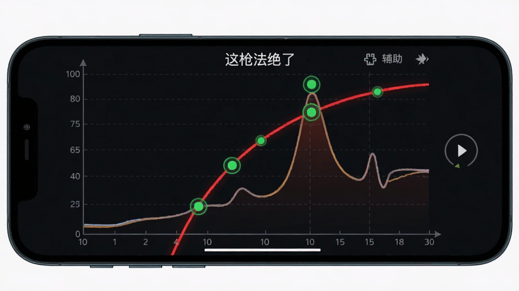 手机屏幕显示“这枪法绝了”压枪辅助界面,画面中有一条红色弹道曲线从下往上延伸,旁边有绿色节奏点标注按压时机,布局为全屏图表,风格为数据可视化风格,细节包括坐标轴、曲线峰值、提示圆点,画质清晰,干净,无多余元素