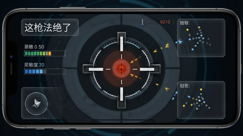一张手机屏幕特写,画面中央是射击游戏准星瞄准靶心的瞬间,四周环绕着半透明的数据面板,面板上用白色字体写着“这枪法绝了”,背景是深色科技感渐变,布局为居中构图,风格为写实UI界面风格,细节包括准星刻度、灵敏度数值条、弹道散布点,画质高清,干净,无多余元素