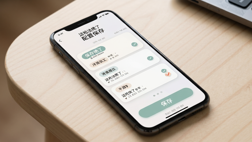一张手机放在桌面上的照片,屏幕显示“这枪法绝了”的配置保存页面,画面中有多个游戏名称标签和对应的参数快照,布局为列表式卡片,风格为柔和圆角浅色系,细节包括保存按钮、时间戳、勾选标记,画质高清,干净,无多余元素