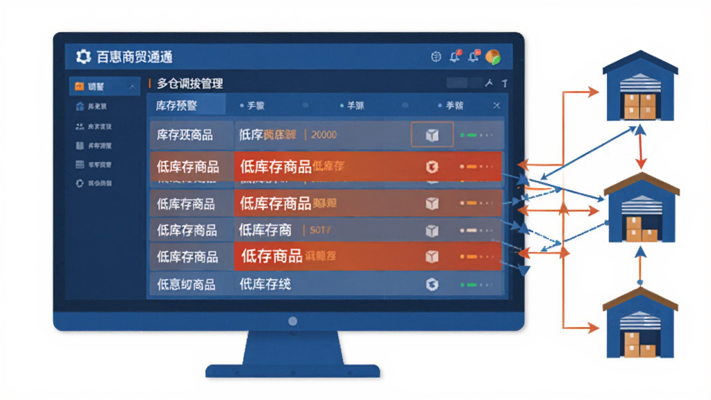 库存预警与多仓调拨功能示意图,画面中央是一块大屏幕,屏幕上显示百惠商贸通管理系统的库存预警列表,红色高亮显示低库存商品,旁边有多个仓库图标用线条连接表示调拨关系,整体风格为扁平化商务插画,配色以蓝色和橙色为主,细节清晰,画质干净,无多余元素。