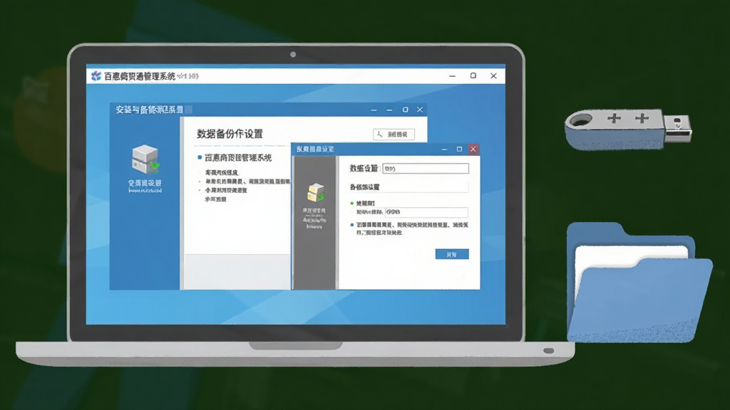 百惠商贸通管理系统安装与备份操作示意图,画面中展示一台笔记本电脑屏幕,屏幕上显示软件安装向导与数据备份设置窗口,旁边有U盘和文件夹图标,风格为简洁的扁平化插画,配色以蓝白灰为主,画面干净,无多余元素,画质清晰。