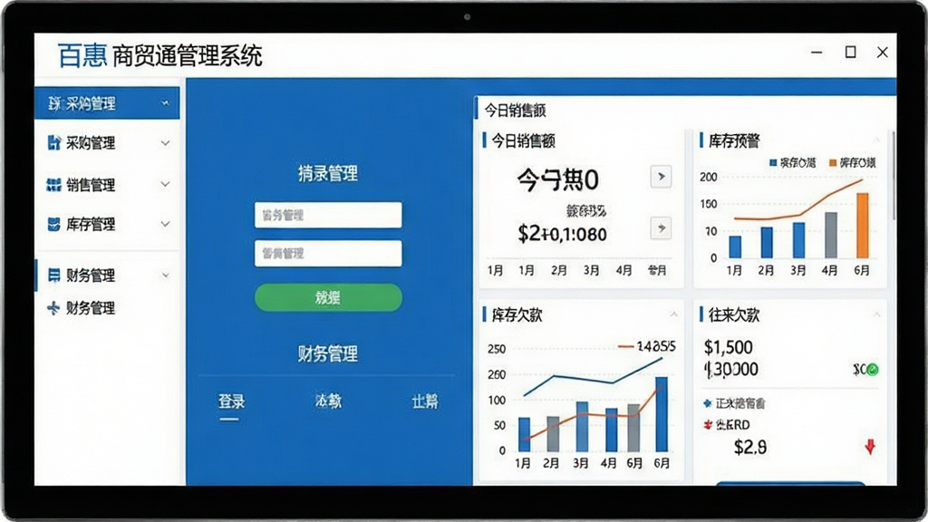 一张展示百惠商贸通管理系统主界面的软件截图,画面中央是软件登录后的主控台,左侧为功能导航菜单,包含采购管理、销售管理、库存管理、财务管理等模块,右侧为数据看板区域,显示今日销售额、库存预警、往来欠款等图表信息,整体布局清晰规整,采用蓝白商务配色风格,界面文字清晰可辨,画质干净,无多余元素,适合软件下载站展示预览。