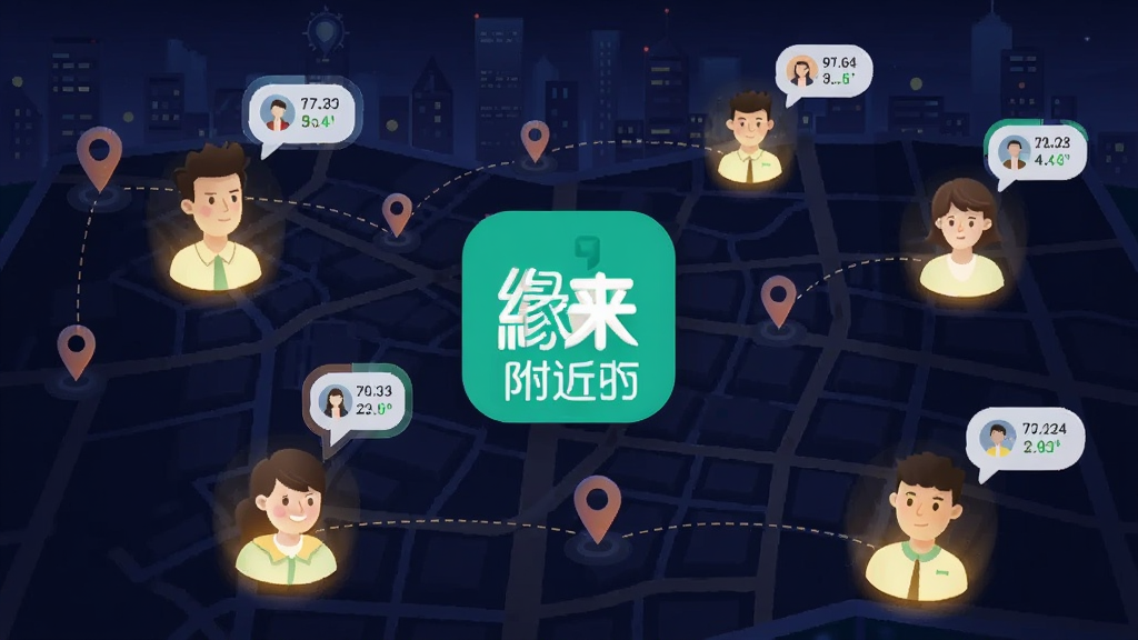 一张以城市夜景为背景的插图,画面中多个发光的人物头像散落在城市地图上,用线条连接表示附近的人,中央有缘来附近的Logo,布局为横向宽幅,风格科技感与温馨感结合,细节包含定位图标、距离数字、头像气泡,画质高清,干净,无多余元素