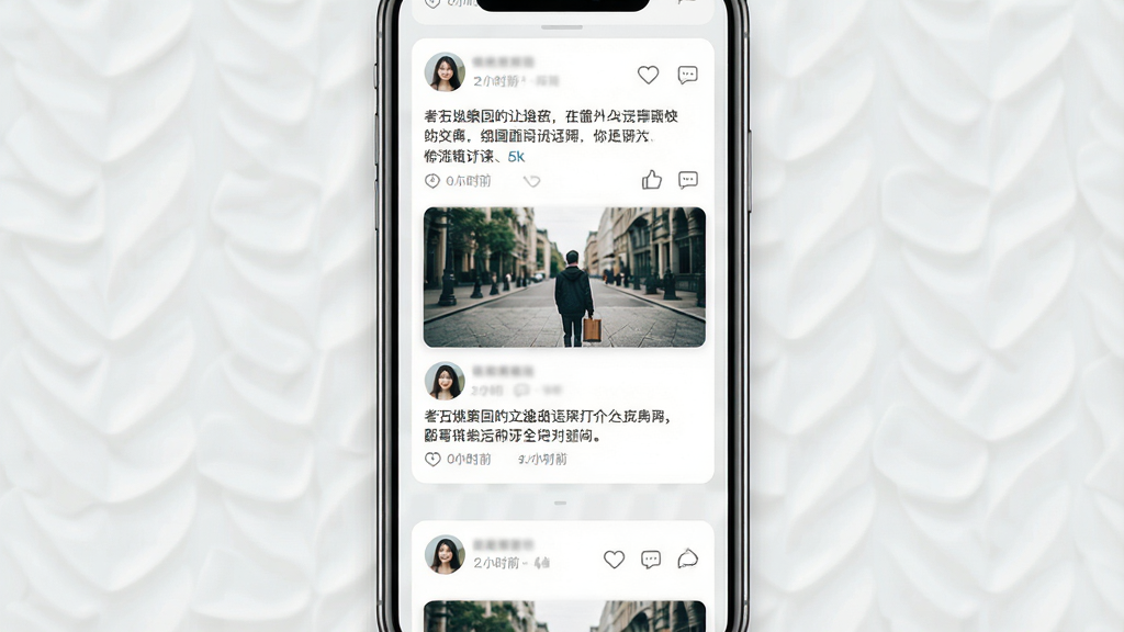 一张展示动态广场页面的手机效果图,屏幕内为瀑布流图文卡片,卡片上有用户头像、文字描述与配图,背景为白色与浅灰交替,布局为竖向滚动样式,风格清新自然,细节包含点赞图标、评论按钮、发布时间,画质高清,干净,无多余元素