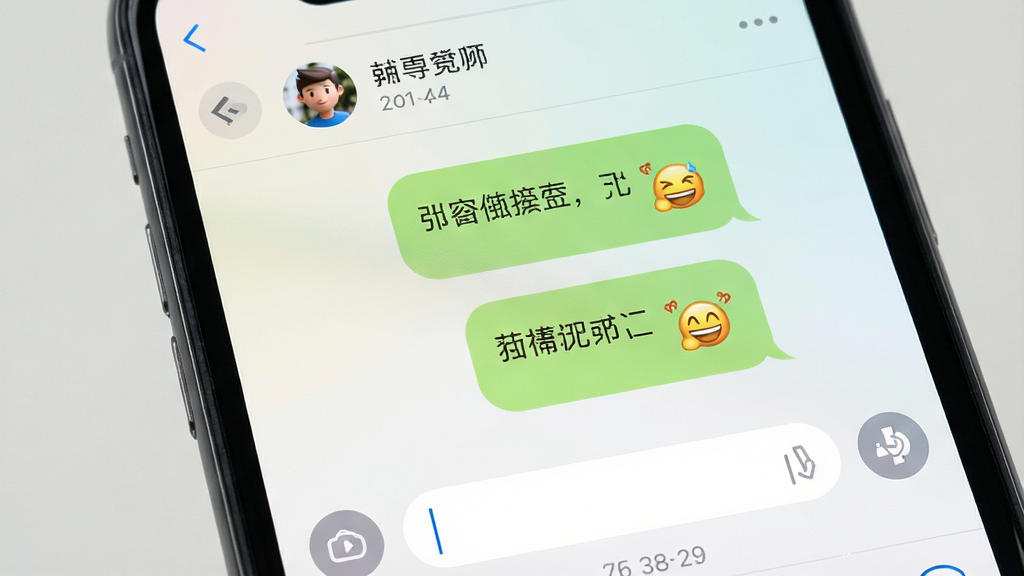 一张手机聊天界面特写图,屏幕内显示两个用户的对话气泡,气泡中有文字和表情,顶部显示对方头像与昵称,背景为浅色渐变,布局为居中展示,风格清爽简约,细节包含发送按钮、输入框、时间戳,画质高清,干净,无多余元素