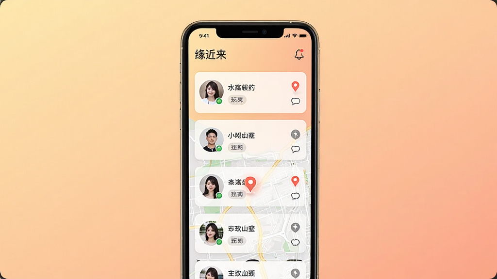 一张展示缘来附近应用主界面的手机效果图,画面中央是手机屏幕,屏幕内显示附近用户头像列表与地图定位标记,背景为柔和的暖色调渐变,布局简洁清晰,风格现代清新,细节包含头像卡片、距离标签、消息图标,画质高清,干净,无多余元素