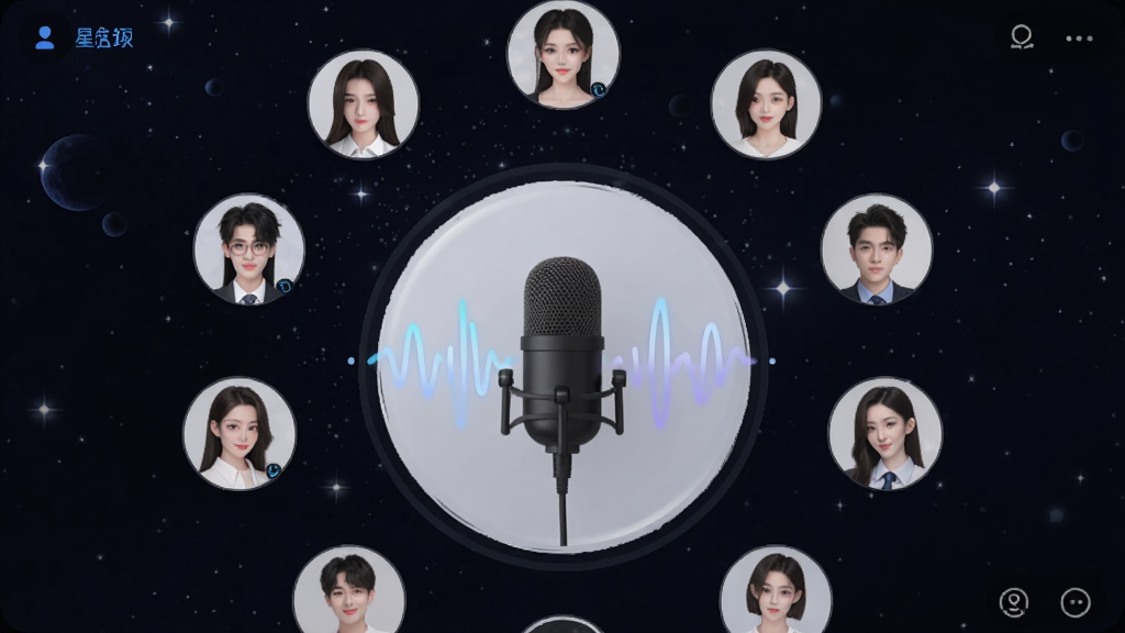 星遇uu语音房间界面,显示多个用户头像围绕圆形麦位排列,中间有声音波纹动画,背景为深色星空主题,风格现代,画质清晰,干净,无多余元素。