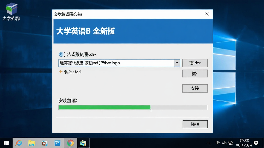 一张“大学英语B 全新版”在Windows电脑上的安装向导界面截图,画面主体为安装对话框,布局为居中窗口,排版标准,风格为软件安装程序风格,细节包含路径选择框、浏览按钮、安装进度条,画质清晰,干净,无多余元素