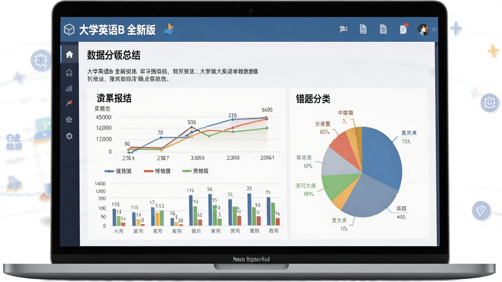 一张“大学英语B 全新版”学习报告页面的图片,画面主体为笔记本电脑屏幕,屏幕上显示着折线图、柱状图和错题分类饼图,布局为上方总结、下方图表,排版专业,风格为数据分析仪表盘风格,细节包含数据标签、颜色区分、图标装饰,画质高清,干净,无多余元素