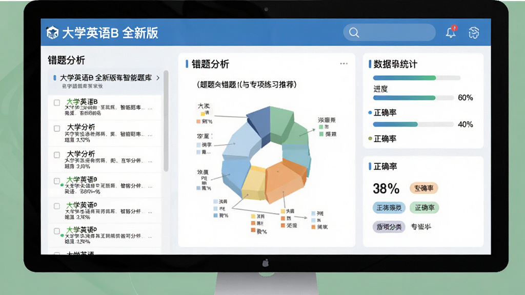 一张展示“大学英语B 全新版”智能题库界面的图片,画面主体为电脑屏幕,屏幕上显示着错题分析和专项练习推荐图表,布局为左侧题目列表、右侧数据统计,排版清晰,风格为现代教育软件界面风格,细节包含进度条、正确率百分比、分类标签,画质高清,干净,无多余元素