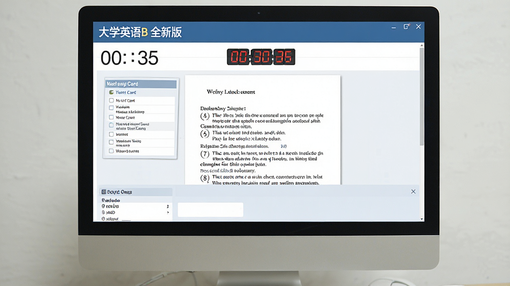 一张“大学英语B 全新版”模拟考试界面的图片,画面主体为电脑显示器,屏幕上显示着倒计时、答题卡和英语作文题,布局为上方计时、中间试卷、下方答题区,排版规整,风格为严肃考试系统风格,细节包含时间数字、题号标记、英文文本,画质清晰,干净,无多余元素