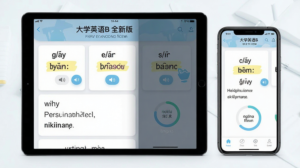 一张“大学英语B 全新版”词汇学习模块的图片,画面主体为平板电脑和手机并排展示,屏幕上显示着单词卡片、音标和例句,布局为左右分屏,排版舒适,风格为清新学习类App风格,细节包含高亮单词、发音按钮、进度圆环,画质细腻,干净,无多余元素