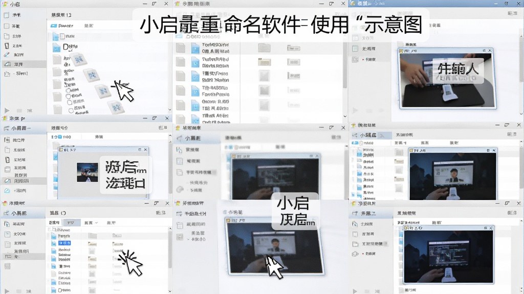 一张AI生图,主体为小启批量重命名软件的使用教程示意图,布局为分步操作截图拼接,排版纵向排列,风格为教学图示风,细节包括鼠标点击、文件列表、预览窗口,画质高清,干净,无多余元素