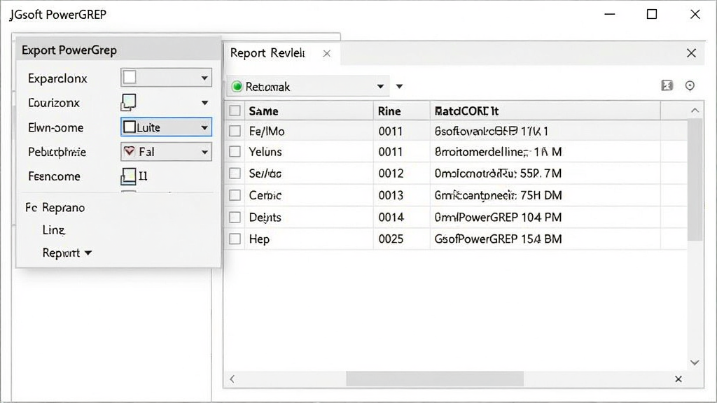 JGsoft PowerGREP 结果导出界面,显示导出格式选择菜单与报告预览,报告以表格形式列出文件名、行号、匹配内容,界面风格清爽素雅,白色背景,灰色边框,画质清晰,无多余元素