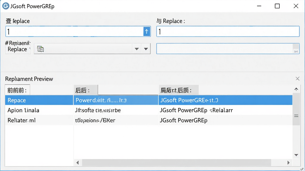 JGsoft PowerGREP 替换功能界面,上半部分为查找与替换输入框,下半部分为替换预览列表,显示修改前后的文本对比,界面风格为浅色商务风,蓝色高亮,排版清晰,画质干净,无多余元素