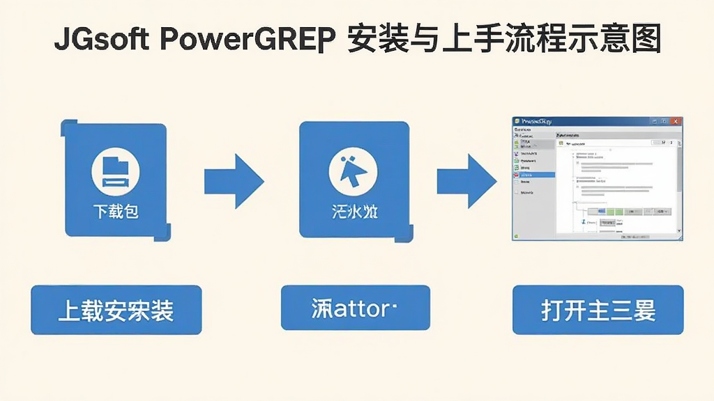 JGsoft PowerGREP 安装与上手流程示意图,画面分为三步,第一步下载安装包,第二步点击安装按钮,第三步打开软件主界面,风格为扁平化信息图,浅色背景,蓝色箭头引导,文字标注清晰,画质干净,无多余元素