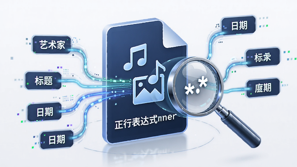 ReNamer 元数据与正则表达式功能概念图,画面中央是一个带有音乐符号和图片图标的文件,周围环绕着由数据流组成的文字标签如“艺术家”、“标题”、“日期”,这些标签正通过一个带有“.*”符号的透镜聚焦到文件名上,风格为科技感概念插画,细节包含数据流动的光效,画质清晰,背景干净