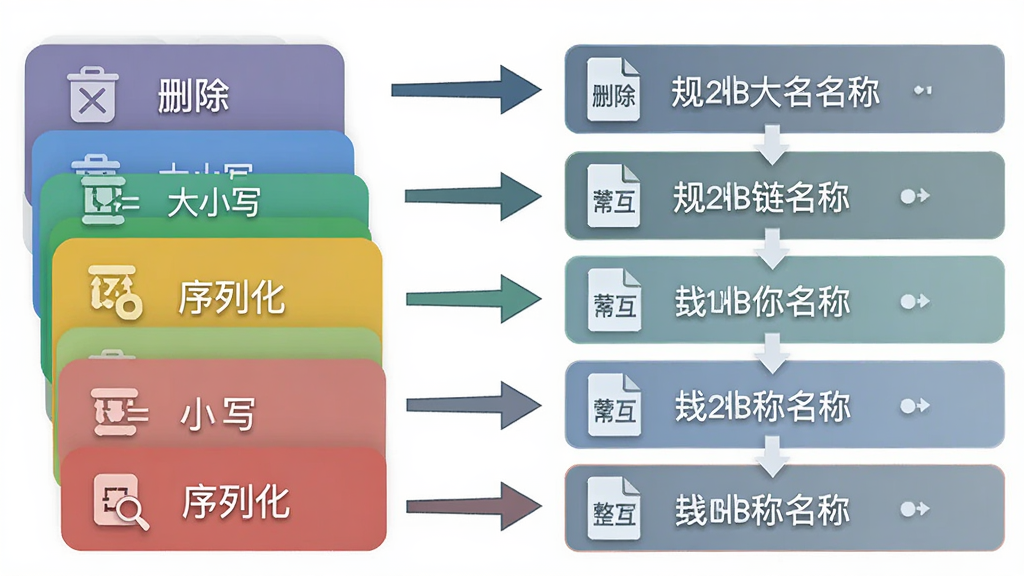 ReNamer 规则链组合功能示意图,画面左侧是多个不同颜色的规则卡片堆叠在一起,用箭头连接指向右侧的文件名列表,文件名从杂乱状态变为整齐的序列状态,风格为扁平化信息图表,细节包含“删除”、“大小写”、“序列化”等规则图标,画质清晰,干净简洁