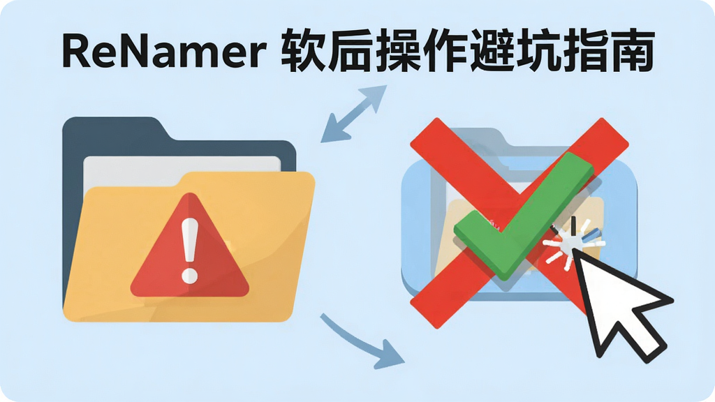 ReNamer 软件操作避坑指南示意图,画面左侧是一个带有警告标志的文件夹图标,右侧是鼠标指针正在点击预览按钮,背景为浅蓝色,风格为扁平化信息提示图,细节包含红色的叉号与绿色的对勾对比,画质清晰,干净无多余元素