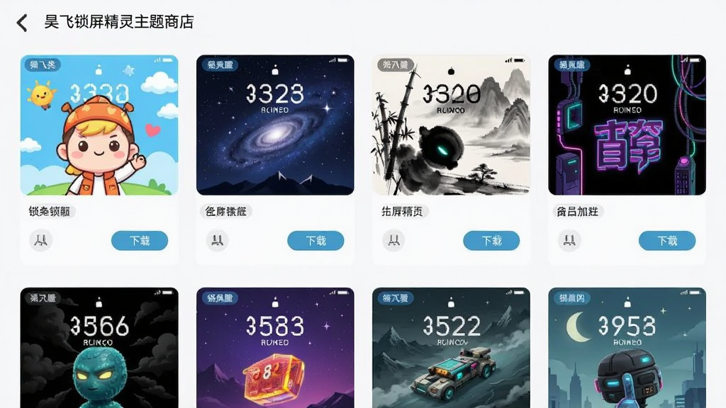 昊飞锁屏精灵主题商店界面,网格排列展示十二款不同风格锁屏预览图,包含卡通、星空、水墨、赛博朋克等元素,布局为三行四列整齐排布,风格清新明快,细节有分类标签与下载按钮,画质清晰干净