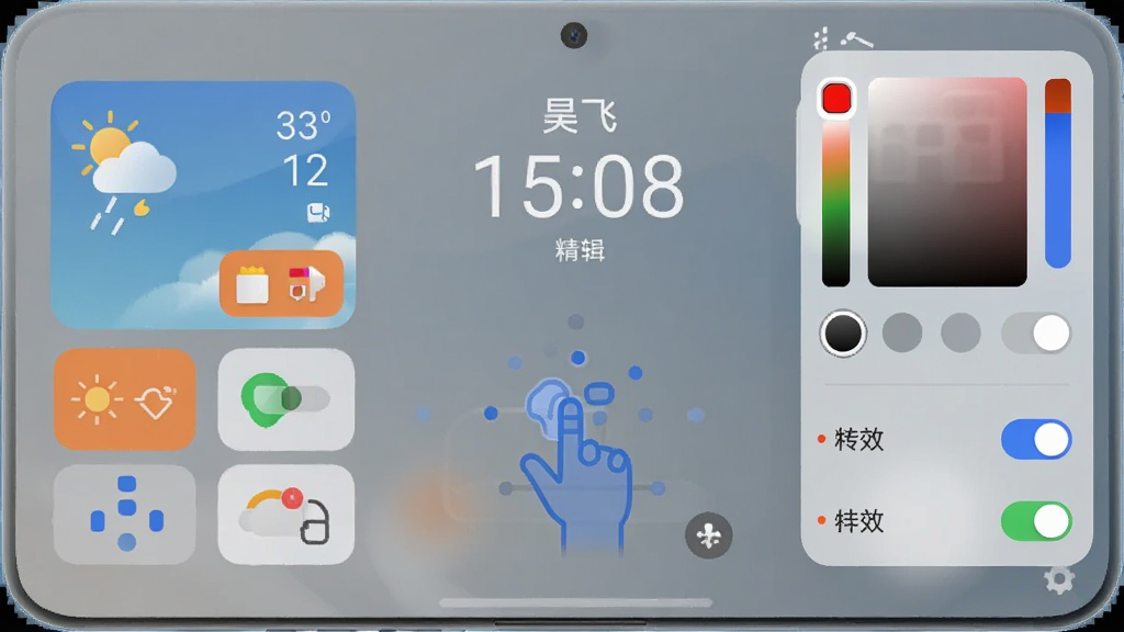 昊飞锁屏精灵锁屏编辑界面,手机屏幕显示天气组件、时钟组件与手势解锁轨迹,右侧悬浮工具栏含颜色选择器与特效开关,布局为左中右三分结构,风格为现代简约UI设计,细节有半透明毛玻璃效果,画质高清干净