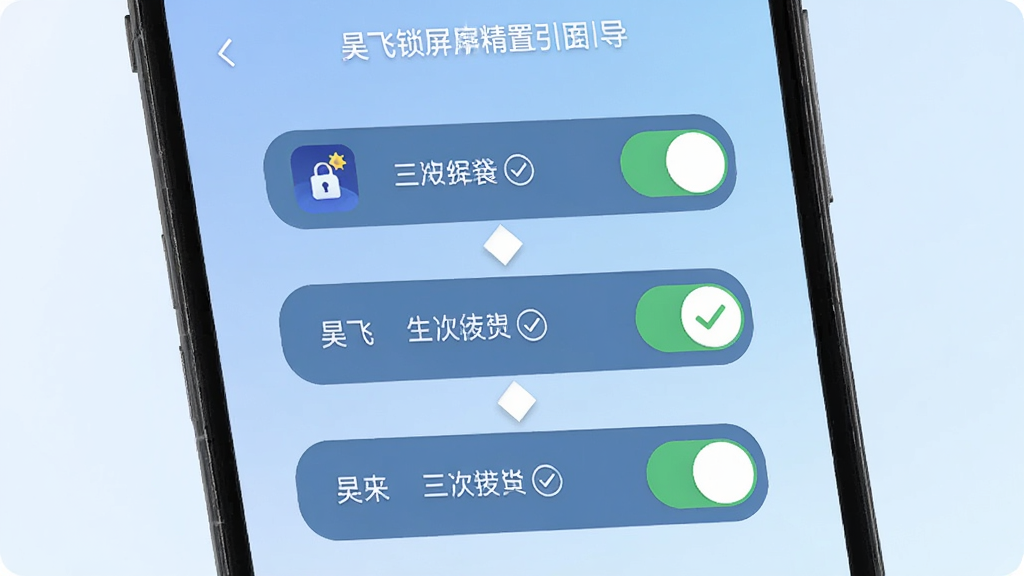 昊飞锁屏精灵权限设置引导页面,手机屏幕显示三个权限开关按钮与箭头指示,背景为淡蓝色渐变,布局为垂直列表式,风格为扁平化引导页设计,细节有锁屏图标与对勾标记,画质干净清晰