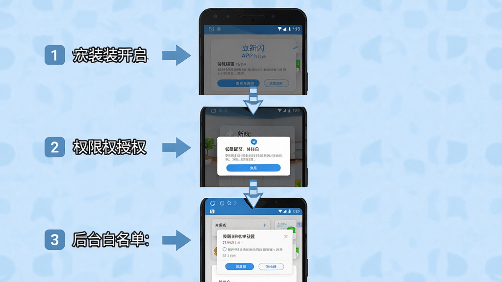 一张展示“新闪”APP安装与设置流程的示意图,画面为一部安卓手机,屏幕上依次展示安装权限开启、权限授权弹窗、后台白名单设置三个步骤的界面缩略图,布局从上到下排列,风格为扁平化教程风格,细节上每个步骤带有编号和箭头指示,背景为干净的浅蓝色,画质高清,干净,无多余元素