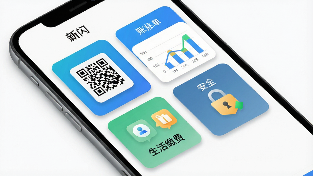 一张展示“新闪”APP功能模块的示意图,画面以手机屏幕为核心,屏幕内分区域展示收付款码、账单图表、生活缴费图标、安全锁标识等元素,布局采用网格化排版,风格为扁平化科技感,细节上每个功能模块带有微妙的阴影和圆角,背景为干净的白色,画质高清,干净,无多余元素