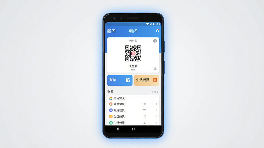 一张展示“新闪”手机应用主界面的预览图,画面中央是一部安卓手机,手机屏幕上显示“新闪”的支付首页,界面包含收付款码、账单列表、生活缴费入口等模块,布局简洁清晰,排版整齐,整体风格现代简约,细节上手机周围有淡淡的蓝色光晕,背景为干净的浅灰色渐变,画质高清,干净,无多余元素