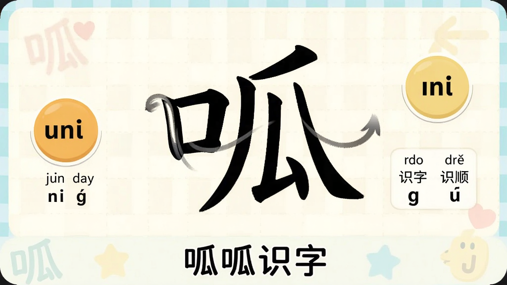 呱呱识字笔顺演示界面,画面中央一个大大的汉字正在被一笔一画书写,笔迹带有动画轨迹,旁边有发音按钮和拼音标注,底部有“呱呱识字”字样,背景是柔和的浅色网格,风格简洁教学风,画质清晰,干净,无多余元素