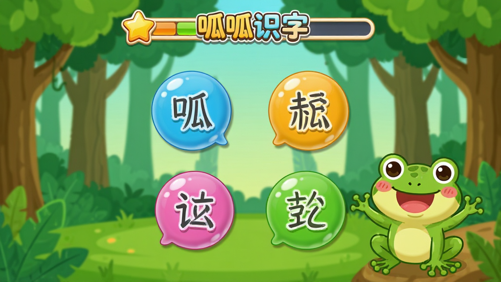 呱呱识字闯关游戏界面,屏幕中央显示一道听音选字的题目,四个汉字选项以彩色气泡形式漂浮,一只卡通青蛙在旁加油,背景是森林场景,上方有星星进度条和“呱呱识字”标志,风格可爱生动,画质高清,干净,无多余元素