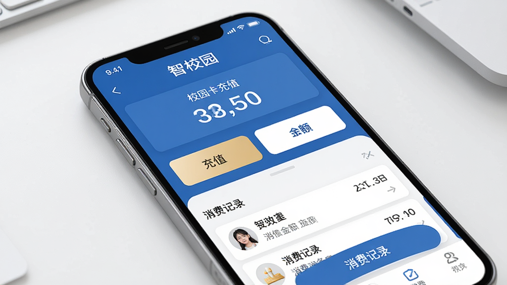 一张展示智校园消费管理功能的AI生图,画面主体为手机屏幕显示智校园App的校园卡充值页面,页面中包含余额显示、充值金额选项、消费记录列表,布局为上下结构,风格为商务简约风,细节上数字清晰、按钮醒目,画质高清,干净,无多余元素
