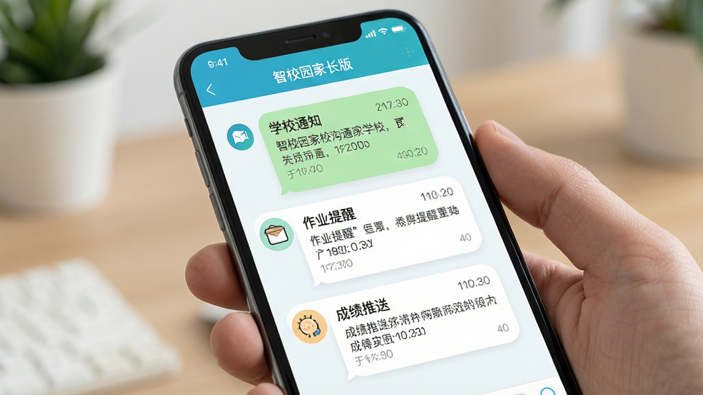 一张展示智校园家校沟通功能的AI生图,画面中一部手机显示智校园家长版聊天界面,界面中包含学校通知、作业提醒、成绩推送三类消息卡片,布局为纵向列表排版,风格为清新浅色系,细节上消息气泡圆润、时间戳清晰,画质高清,干净,无多余元素