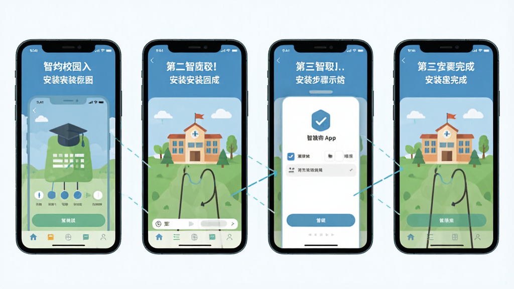 一张智校园App安装步骤示意图,画面中展示手机屏幕从下载到安装完成的四个步骤截图,布局为横向排列,风格为教程类扁平化设计,细节上每一步配有简短文字说明,画质高清,干净,无多余元素