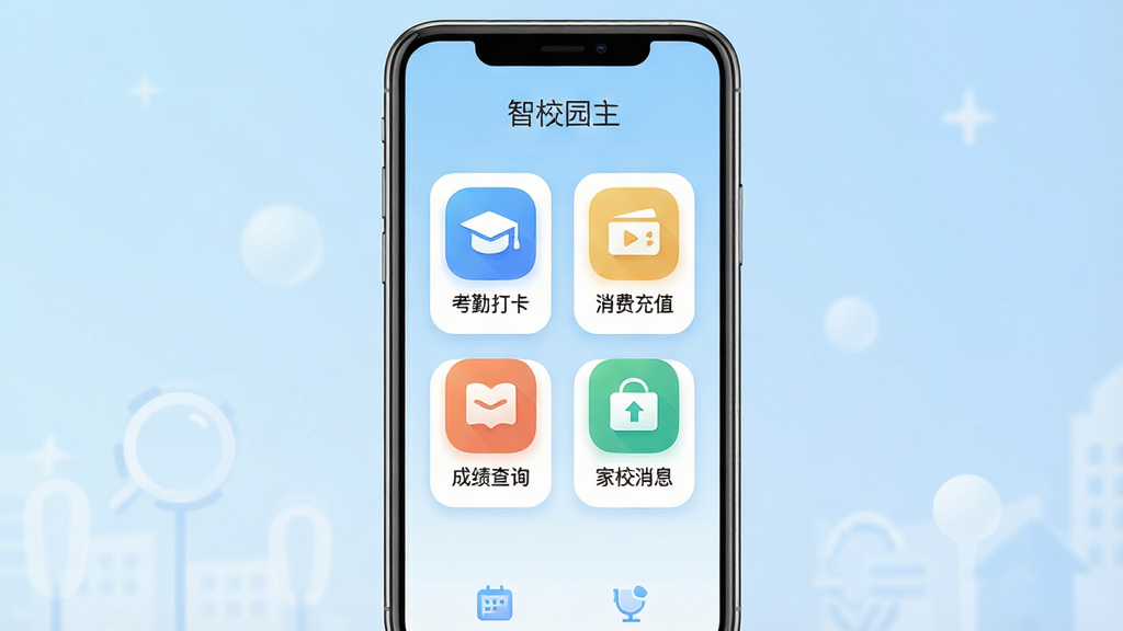 一张展示智校园App核心界面的手机预览图,画面中央放置一部智能手机,屏幕内显示智校园主页面,包含考勤打卡、消费充值、成绩查询、家校消息四个功能图标,背景为浅蓝色渐变,整体布局简洁清晰,风格为扁平化科技风,细节上图标圆润、文字清晰,画质高清干净,无多余元素