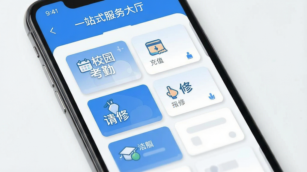 一张展现智校园一站式服务功能的AI生图,画面主体为一部手机屏幕,屏幕内呈现智校园App的服务大厅页面,页面中整齐排列着考勤、充值、报修、请假等功能卡片,布局采用上下滑动式信息流,风格为现代简约扁平化,细节上卡片带有轻微阴影、配色以蓝白为主,画质高清,干净,无多余元素